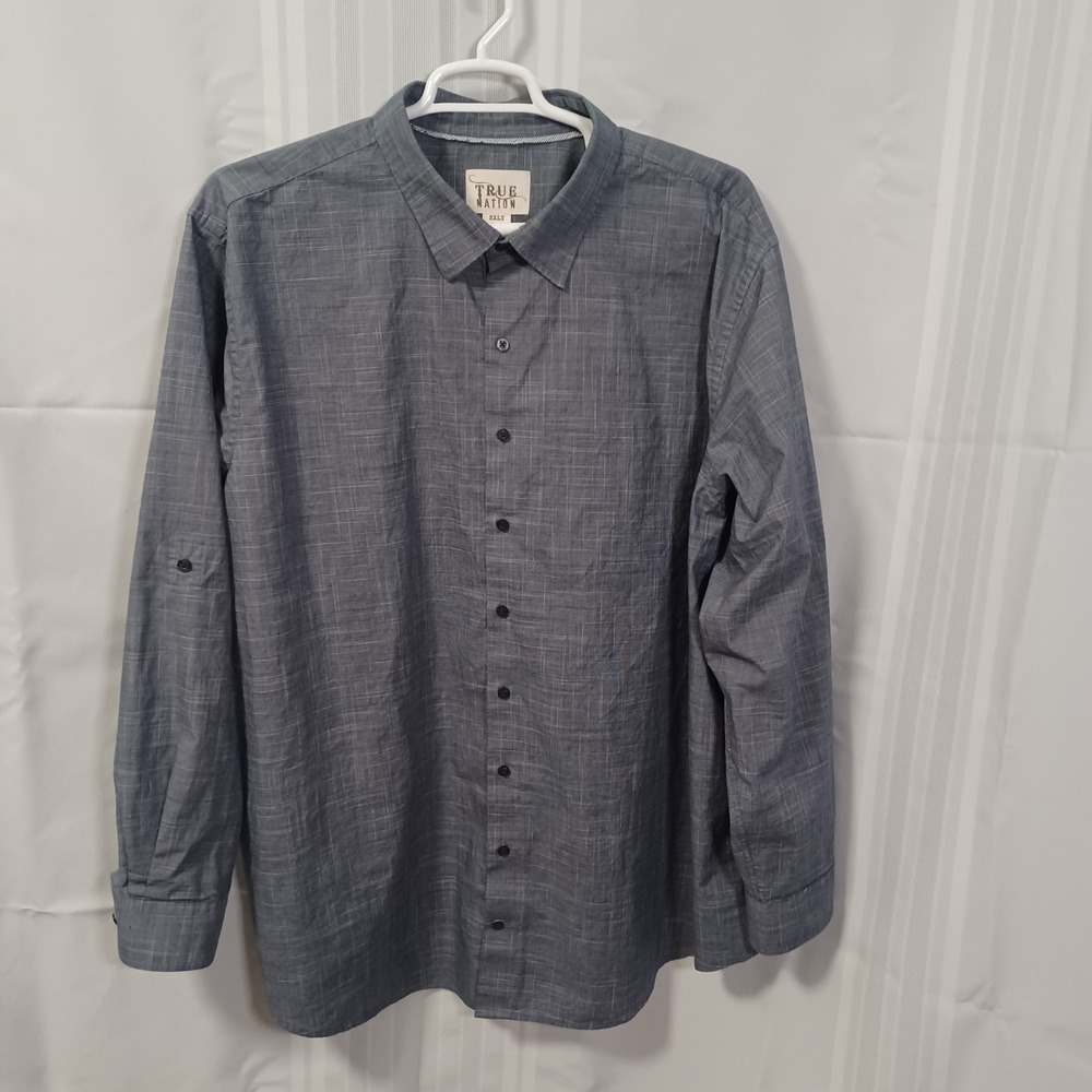 True Nation Mens 3XLT Blue Grey Slub Cotton Roll Tab Sleeve‎ Button Down Shirt